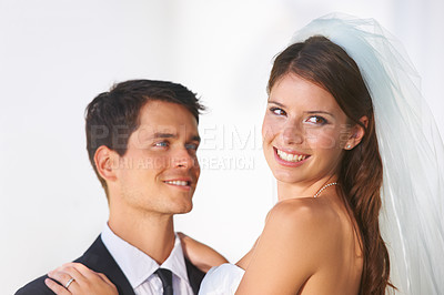 Buy stock photo Wedding, couple hug and woman with bride, marriage and together with suit and formal event. Love, commitment and ceremony with celebration, union and bridal dress with happy smile and loyalty