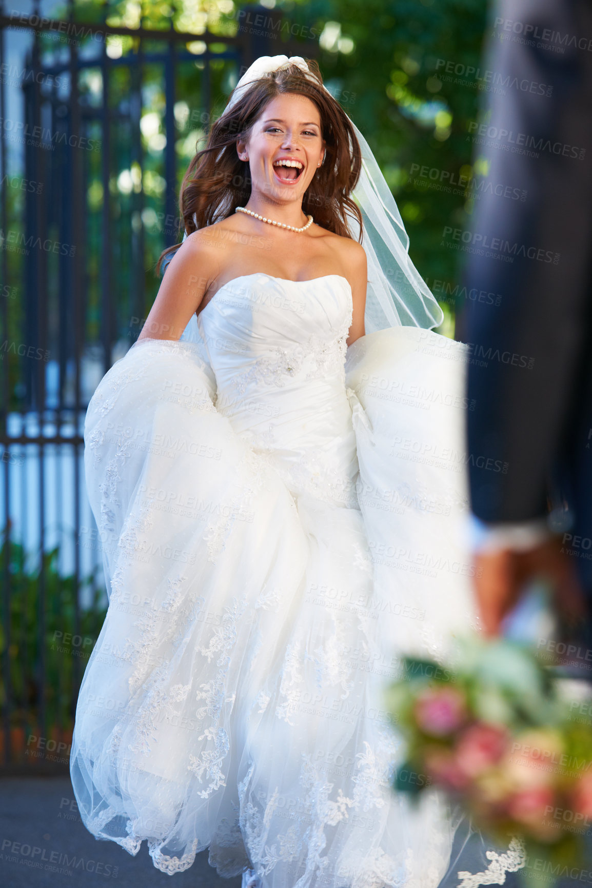 Buy stock photo Excited, bride with smile and running outside to groom with flowers, love and marriage celebration. Happiness, commitment and woman in wedding dress with partner, bouquet and romance at reception.