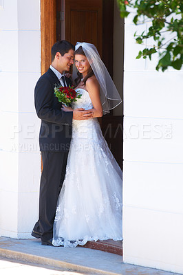 Buy stock photo Happy couple, hug and wedding for marriage, love or honeymoon suite in commitment together. Married man or groom hugging woman or bride smile for embrace, loyalty or support in trust at ceremony