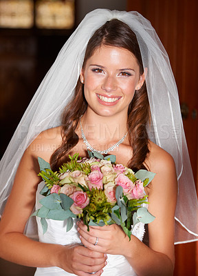 Buy stock photo Happy woman, portrait and bride with bouquet of roses on wedding day, marriage or commitment at church. Face of attractive female person, wife or fiance just married with flowers at bridal ceremony