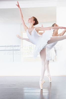 Buy stock photo Art, dancing and students in ballet studio with pose, balance and performance class for teenager. Movement, team and young ballerina dancer with pride, confidence and creativity at learning academy.
