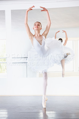 Buy stock photo Smile, dance and teen student in ballet studio with pose, balance and performance class for teenager. Movement, talent and young ballerina dancer with pride, confidence and creative show at academy.