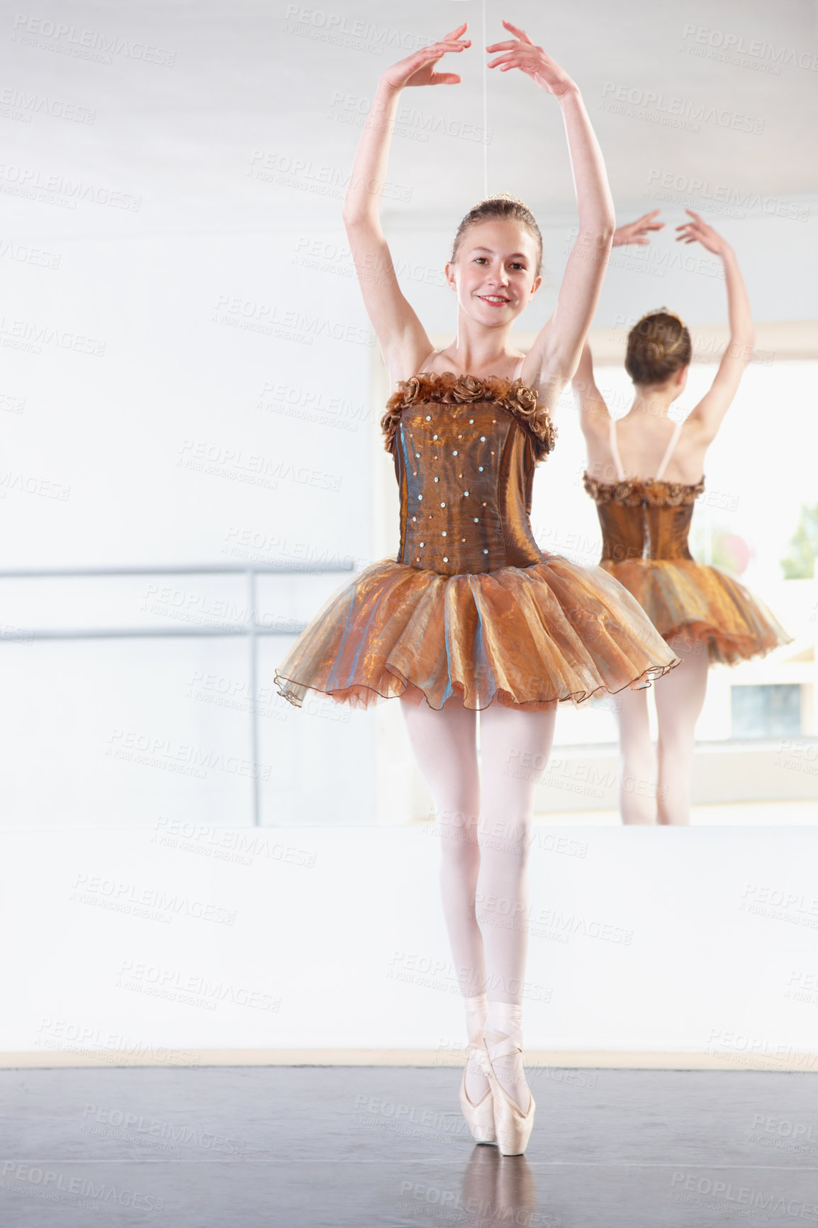 Buy stock photo Portrait, dance and teen in ballet costume with pose, balance and performance class for teenager. Smile, talent and young ballerina dancer with pride, confidence and creativity at learning academy.