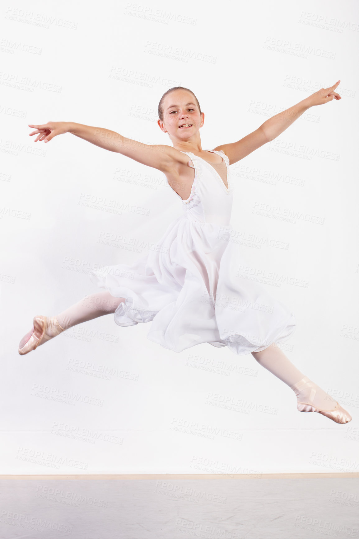 Buy stock photo Jump, dance and girl in ballet studio with pose, balance and performance class for children. Movement, talent and young ballerina dancer with pride, confidence and creative art at learning academy.