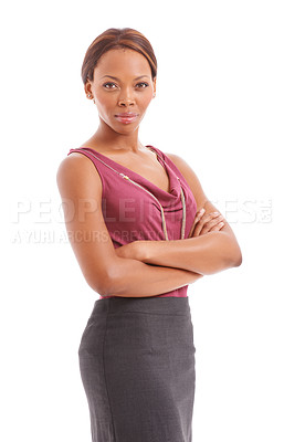 Buy stock photo Crossed arms, fashion and portrait of business black woman in studio for professional job, career and work. Corporate, serious and isolated person with confidence, pride or style on white background