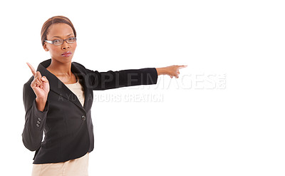 Buy stock photo Business, pointing and black woman with warning, serious and employee isolated on white studio background. African person, portrait or agent with hand gesture, angry or reject with deny emoji or no
