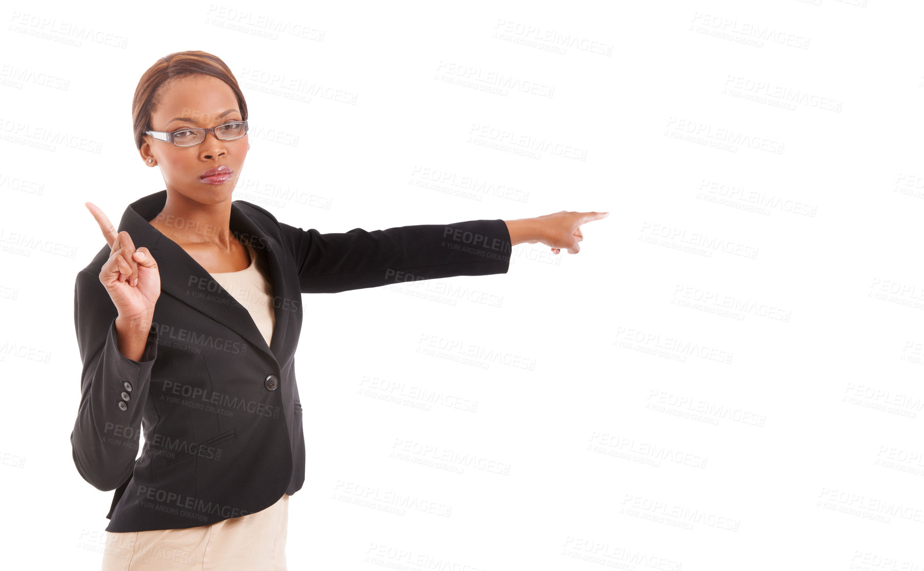 Buy stock photo Business, pointing and black woman with warning, serious and employee isolated on white studio background. African person, portrait or agent with hand gesture, angry or reject with deny emoji or no