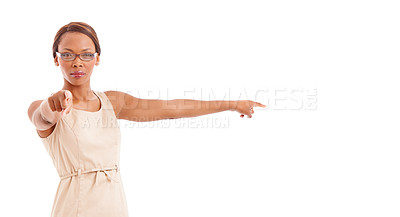 Buy stock photo Business, pointing to you or black woman with reject, warning or model isolated on white studio background. African person, portrait or agent with hand gesture, angry or serious with deny emoji or no