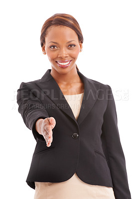 Buy stock photo Business woman, offer and shaking hands in portrait for job interview, meeting and hiring agreement or welcome. African employer handshake or professional introduction in studio on a white background
