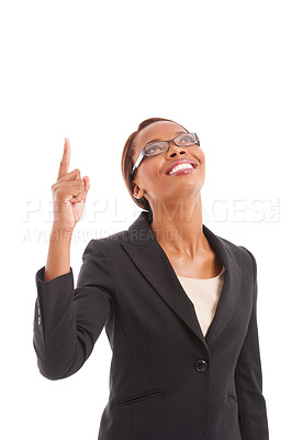 Buy stock photo Business, pointing up and black woman with promotion, decision and employee isolated on white studio background. African person, worker or consultant with hand gesture, opportunity and announcement