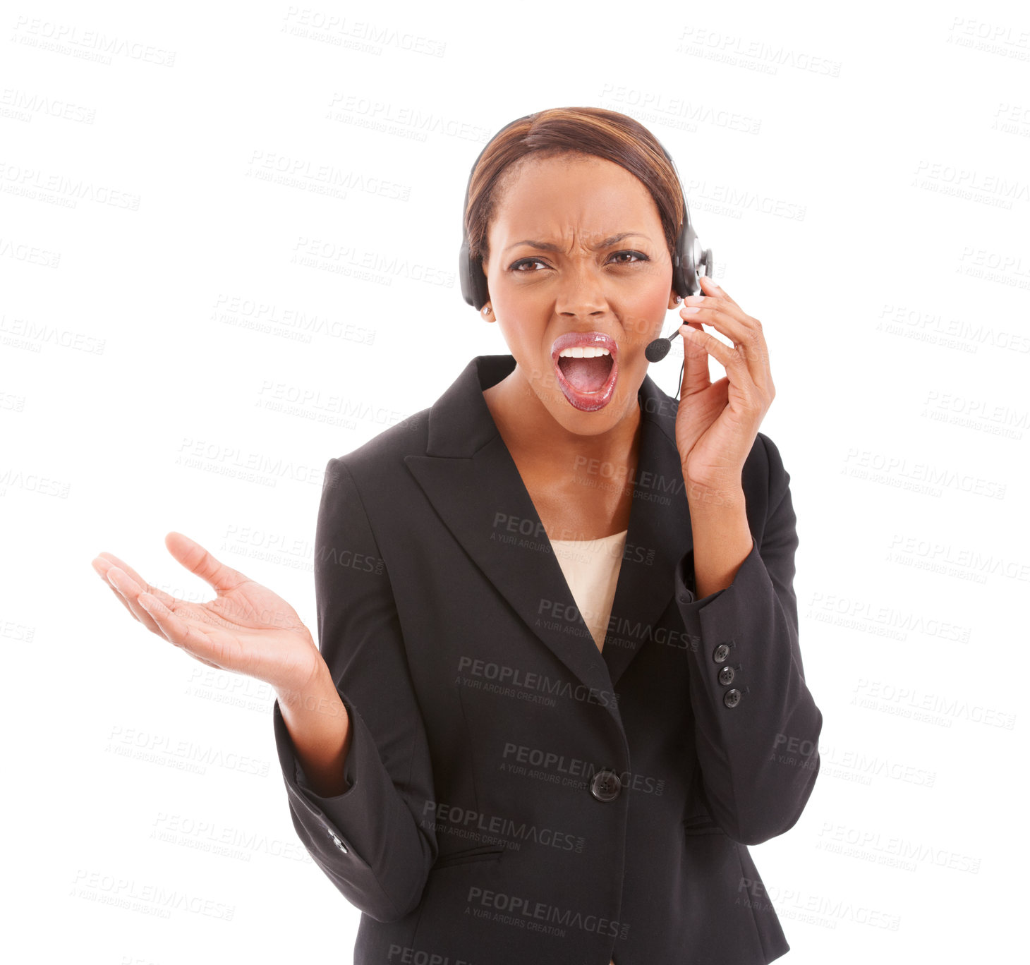 Buy stock photo Frustrated black woman, call center and headphones shouting at difficult customer against a white studio background. African female person, consultant or agent screaming or yelling on headset mic