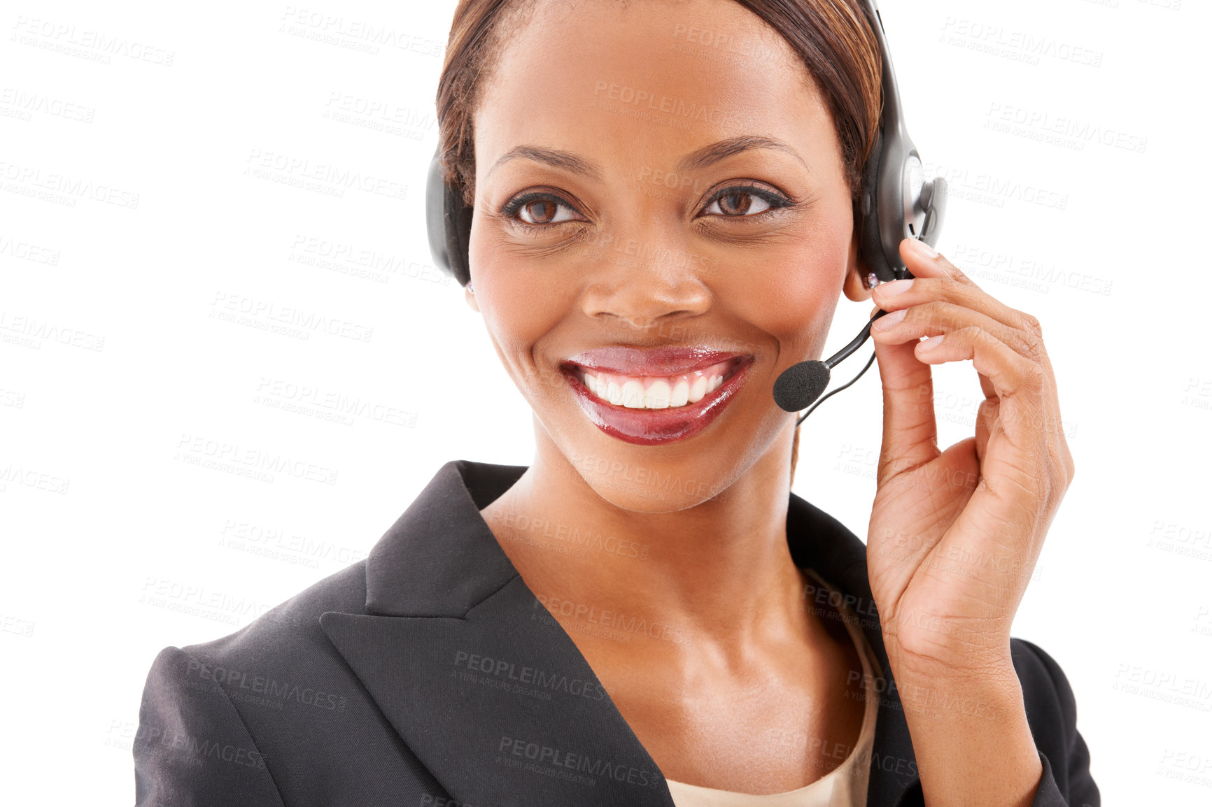 Buy stock photo Business woman, call center and thinking of communication, customer service or support on a white background. Happy african advisor, consultant or agent in headphones or contact us solution in studio