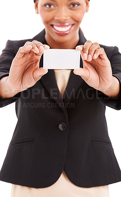 Buy stock photo Business card, mock up and woman in portrait with design space, HR offer and job marketing in studio. Happy african worker or employee with presentation and contact information on a white background