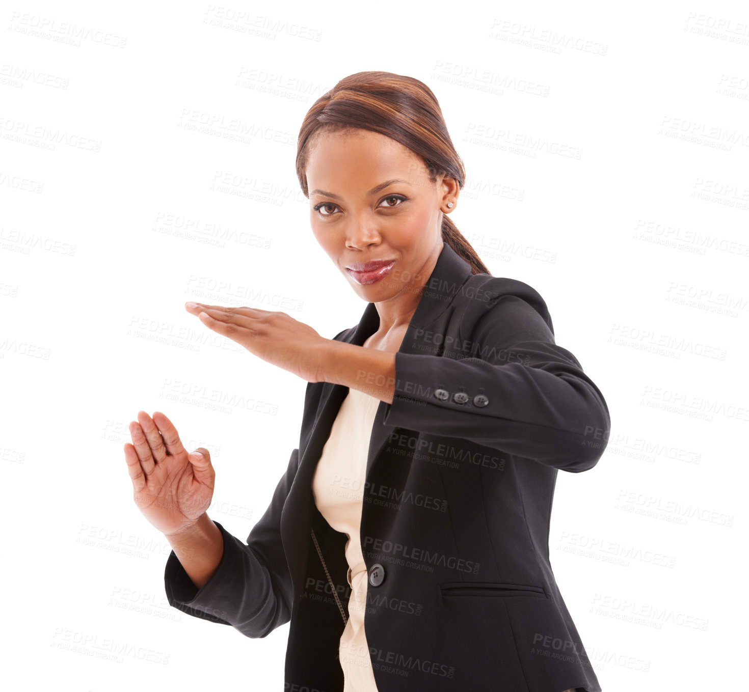 Buy stock photo Portrait, karate and black woman with business, employee and confident agent isolated on a white studio background. Face, African person or consultant with skills, defence and fight with mockup space