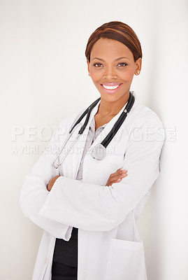 Buy stock photo Doctor portrait, woman and arms crossed for healthcare service, clinic and hospital management on wall background. Happy face of medical worker or african person for professional health and proud job
