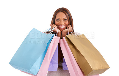Buy stock photo African woman, shopping bag and excited in portrait with smile for deal, discount or retail by white background. Girl, luxury customer experience and happy with gift, present and sales from boutique