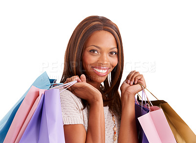 Buy stock photo African woman, shopping bag and studio portrait with smile for deal, discount or retail by white background. Girl, luxury customer experience and happy with gift, present or sale at fashion boutique