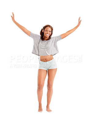 Buy stock photo Happy black woman, portrait and dancing in freedom to podcast or music on headphones isolated against a white studio background. African female person smile and listening or enjoying audio streaming