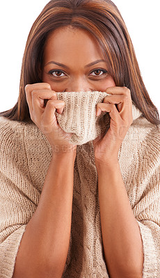 Buy stock photo Shy, black woman and sweater with portrait, funny and girl isolated on a white studio background. Face, African person and model with winter clothing, cover and playful with emotion, goofy and silly
