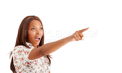 Buy stock photo Pointing, gossip and black woman with surprise, opportunity and news isolated on white studio background. African person, girl and model with emoji, shock or announcement with mockup space and option