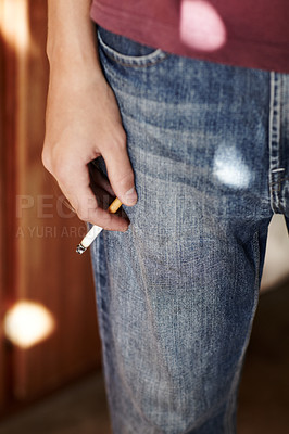Buy stock photo Person, hand and cigarette closeup for smoking stop unhealthy habit, dangerous or addiction. Fingers, holding and tobacco drag vice or stress management for lungs pain risk, bad problem of cancer