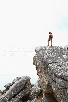 Buy stock photo Woman, rock climbing and top of cliff for adventure hiking sport, fitness travel on mountain. Female person, extreme outdoor workout for vacation fun or explore nature for victory, strength or hobby