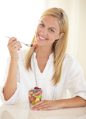 Buy stock photo Happy woman, fruit and salad in portrait for health, diet and wellness for nutrition. Person, smile and confidence for choice of fresh, natural and organic for wellbeing, detox or weight loss in home