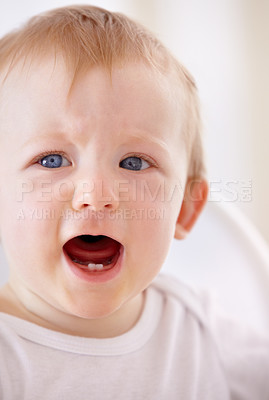 Buy stock photo Closeup shot of a baby boy shouting for a little attention
