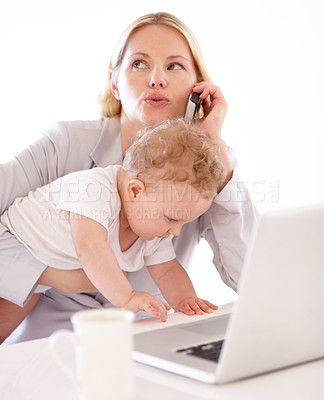 Buy stock photo Businesswoman, phone call and baby with laptop in home for remote work, multitasking or productivity. Single mom, childcare and alone with busy toddler with stress for technology, career or job