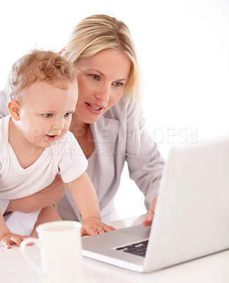 Buy stock photo Businesswoman, baby and laptop for remote work in home for learning, playing or streaming on web. Mother, little boy and care for teaching, technology and skill for growth, development and milestone