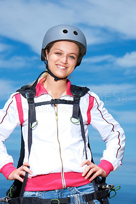 Buy stock photo Woman, skydiver and gear in outdoors, adventure and recreation or extreme sports for fun or equipment. Female person, travel and outside in portrait, holiday and vacation or getaway, active and smile
