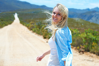 Buy stock photo Woman, smile and walking on path, portrait and fun on holiday, vacation and getaway, nature and joy. Female person, happy and travel to Australia, peace and relax on trip, wellness and outdoors