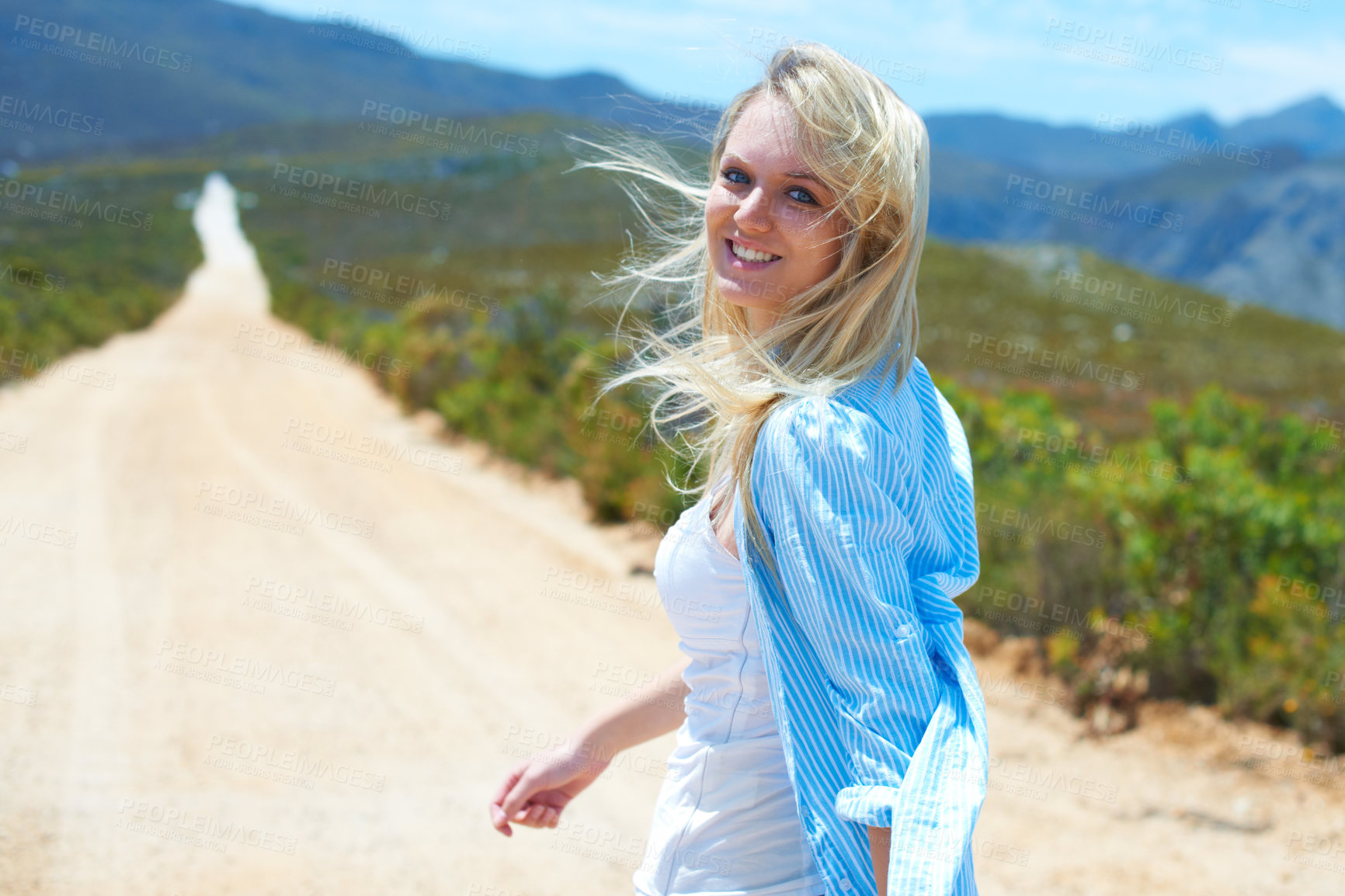 Buy stock photo Woman, smile and walking on path, portrait and fun on holiday, vacation and getaway, nature and joy. Female person, happy and travel to Australia, peace and relax on trip, wellness and outdoors