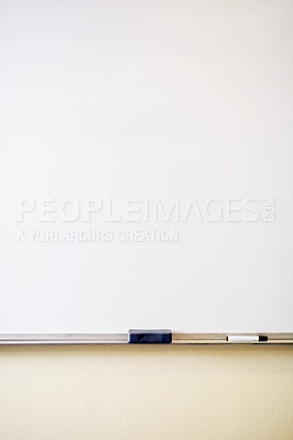 Buy stock photo Education, learning and mockup with whiteboard in classroom for school, study and scholarship. College, teaching and academy with closeup of empty board for knowledge, information and lesson