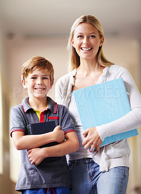 Buy stock photo Portrait, teacher and boy walking, hallway and books with education, knowledge and happiness. Face, female person and student with an educator, male child and kid in a lobby, corridor and learning