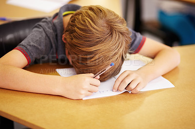 Buy stock photo Sleeping, bored and notebook with boy in classroom for learning, education and knowledge. Stress, anxiety and tired with male student with notebook at school for exhausted, dreaming and frustrated