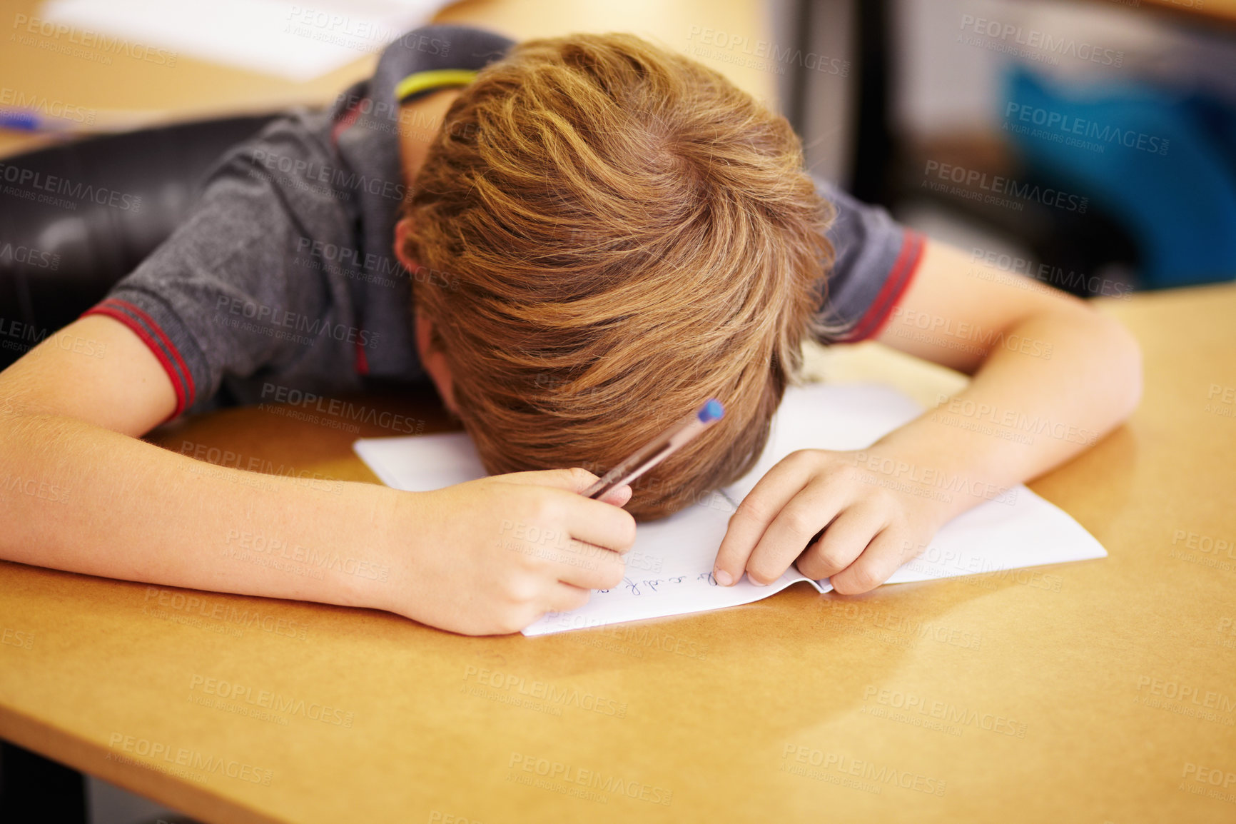 Buy stock photo Sleeping, bored and notebook with boy in classroom for learning, education and knowledge. Stress, anxiety and tired with male student with notebook at school for exhausted, dreaming and frustrated