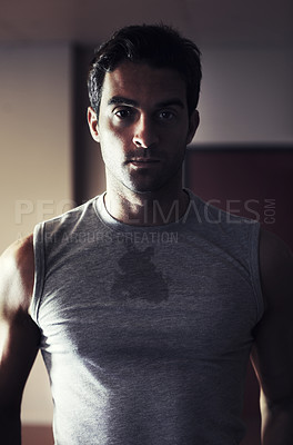 Buy stock photo Portrait, sweat and serious man in the gym after a workout while feeling tired. Sportswear, athlete and exercise with a young male person in health centre for training for wellness and strength  