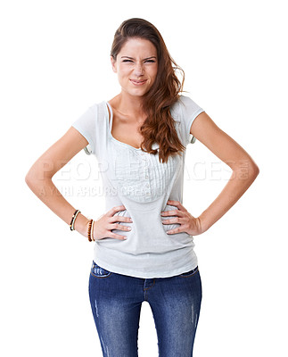 Buy stock photo A beautiful young woman laughing with her hands on her hips