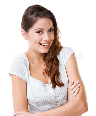Buy stock photo Happy, smile and natural beauty model portrait of a woman feeling calm with white background. Isolated, happiness and young female from Alabama with long hair looking friendly, sweet and shy 