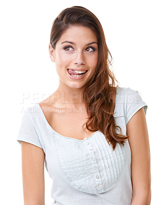 Buy stock photo A gorgeous young woman looking sideways while licking her lips