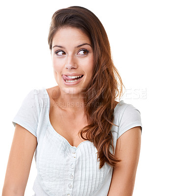 Buy stock photo Young woman, face and licking lips while thinking, excited and happy about mockup advertising in studio. Face of a young female model from Europe with a good idea  isolated on a white background