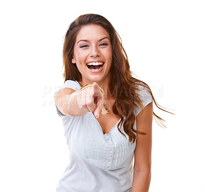 Buy stock photo Laugh, bullying and woman pointing in studio on white background for humor, shame and mocking. Hand gesture, mean and portrait of girl point finger for attitude, making fun and laughing at joke