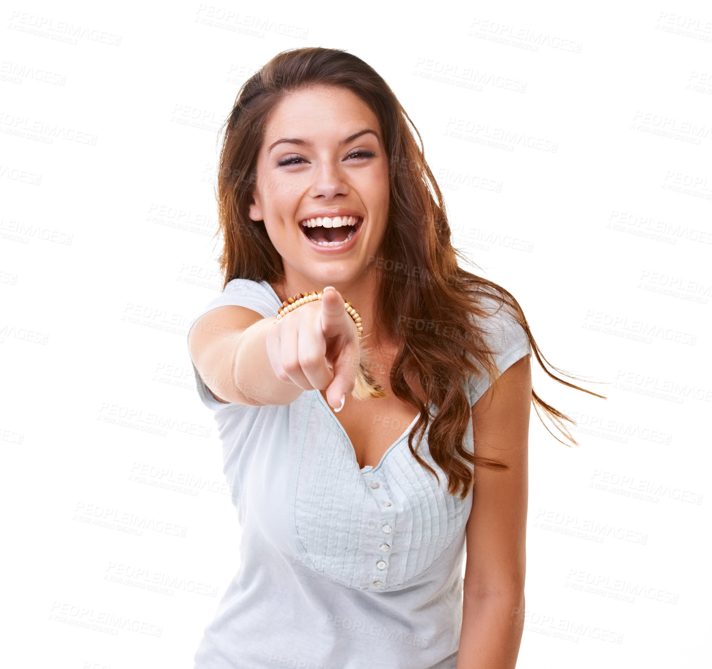 Buy stock photo Laugh, bullying and woman pointing in studio on white background for humor, shame and mocking. Hand gesture, mean and portrait of girl point finger for attitude, making fun and laughing at joke