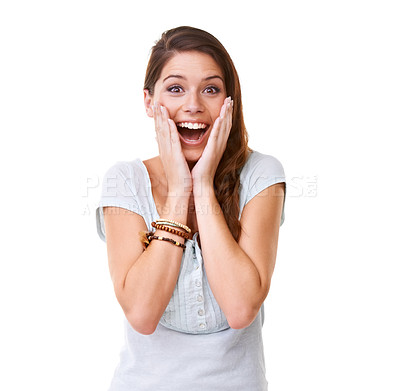 Buy stock photo Portrait of a gorgeous young surprised woman