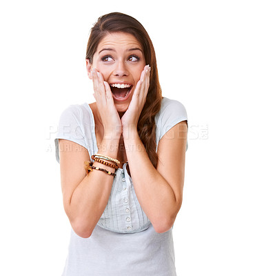 Buy stock photo A young woman looking sideways and acting surprised