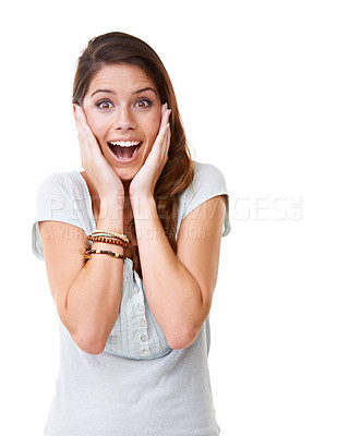 Buy stock photo Wow, surprise and portrait with a woman in studio on a white background saying wow or omg in an expression of shock. Happy, surprised and shoked with an attractive young female looking excited