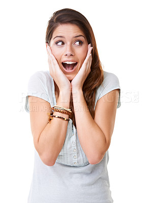 Buy stock photo A beautiful young woman looking surprised and horrified