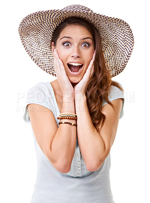 Buy stock photo Woman, surprise and studio portrait with hat for summer, fashion and excited for holiday with beauty. Model, sunhat and wow face with hands, happy and clothes for style, design and white background