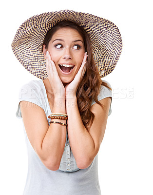 Buy stock photo A surprised young woman wearing a hat